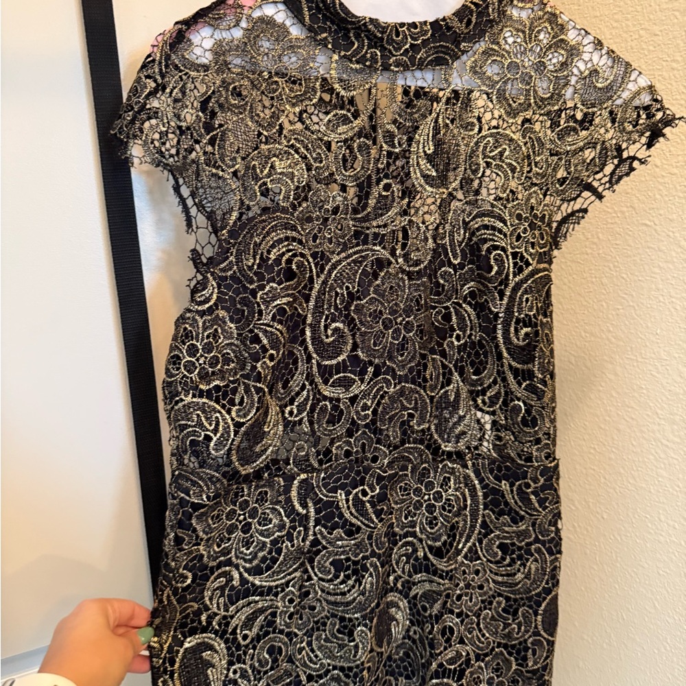 Windsor Black and Gold Lace Midi Dress